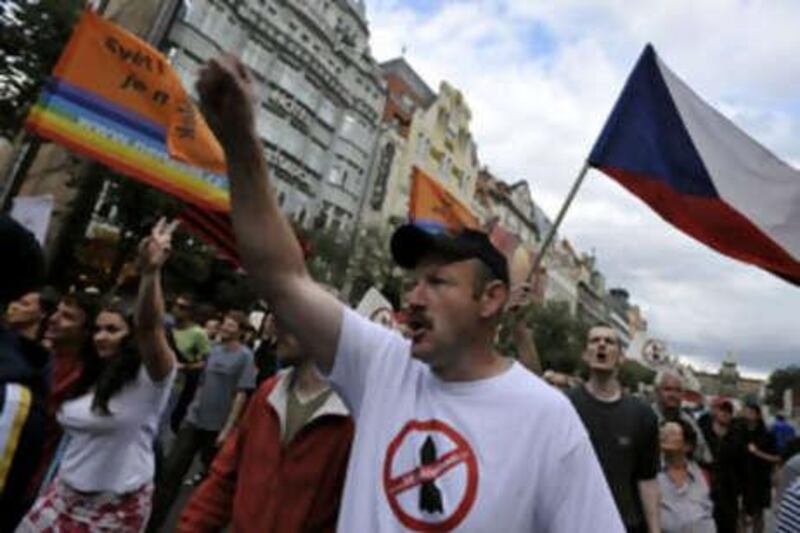 Czech demonstrators shout slogans against a disputed missile defence radar system during a protest in downtown Prague, Czech Republic, on July 8, 2008.