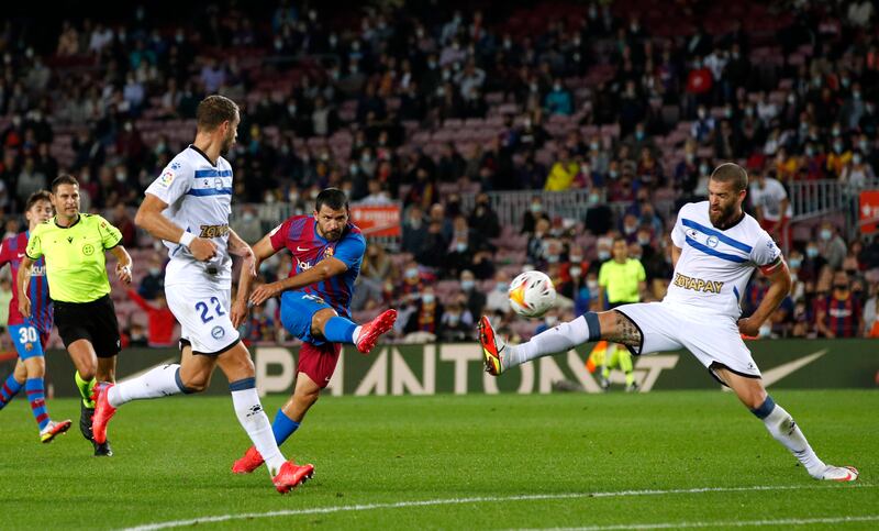 Barcelona's Sergio Aguero shoots at goal. Reuters