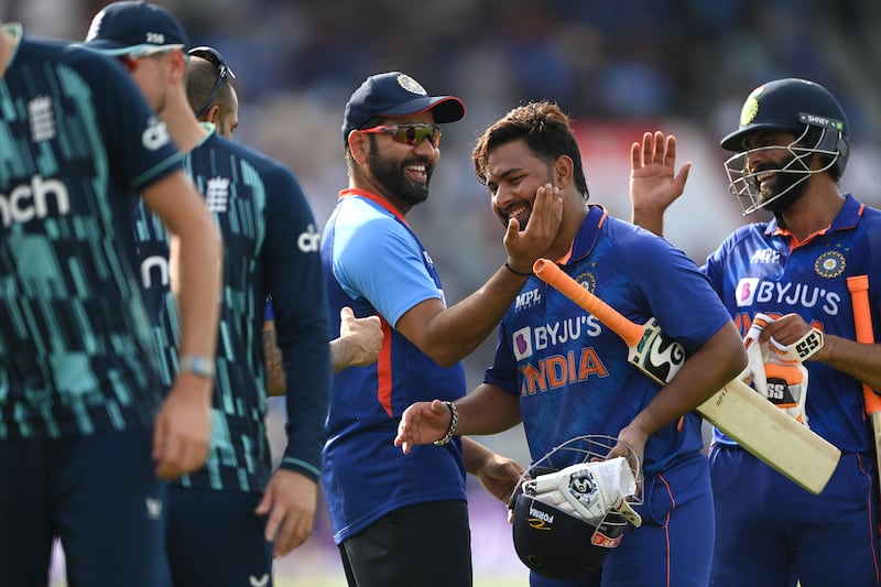 India batsman Rishabh Pant is congratulated by teammates after hitting the winning runs at Old Trafford and sealing a 2-1 series victory for the tourists. Getty