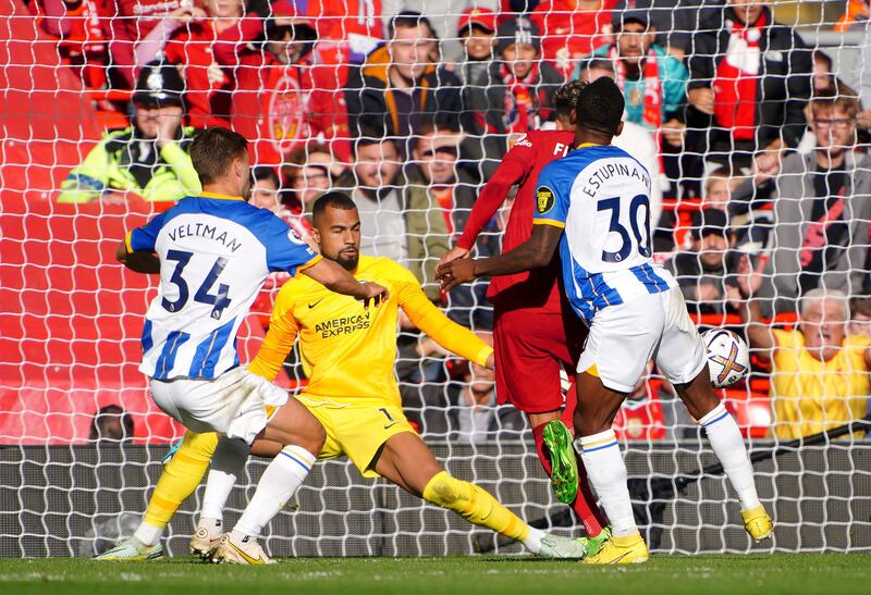 BRIGHTON RATINGS: Robert Sanchez - 3. The Spaniard almost presented Liverpool with an early equaliser and looked uncomfortable with the ball at his feet. He made a fine save from Salah but his poor attempt at a punch gifted Liverpool the lead. PA