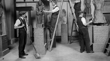 Decorators prepare an exhibition of antiquities in 1928 at the Egyptian Galleries in the British Museum, London. Getty images