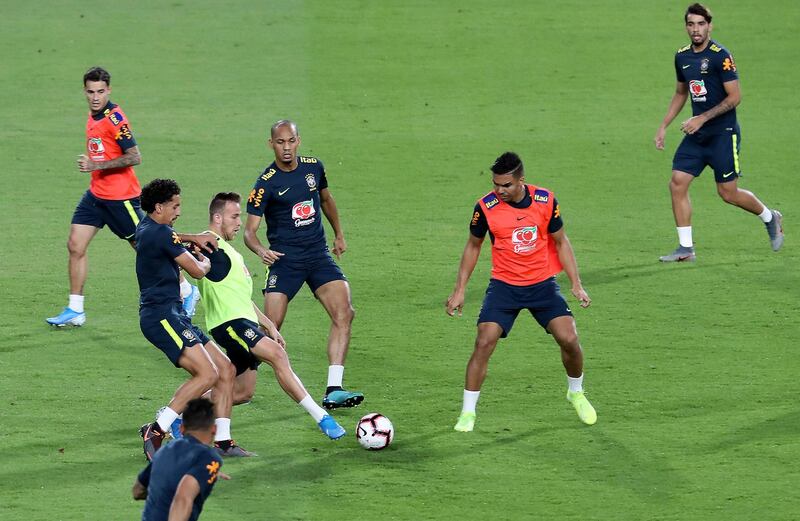 ABU DHABI, UNITED ARAB EMIRATES , Nov 12  – 2019 :- Players of Brazil football team during the training session at the Al Nahyan stadium in Abu Dhabi. ( Pawan Singh / The National )  For Sports. Story by Amith