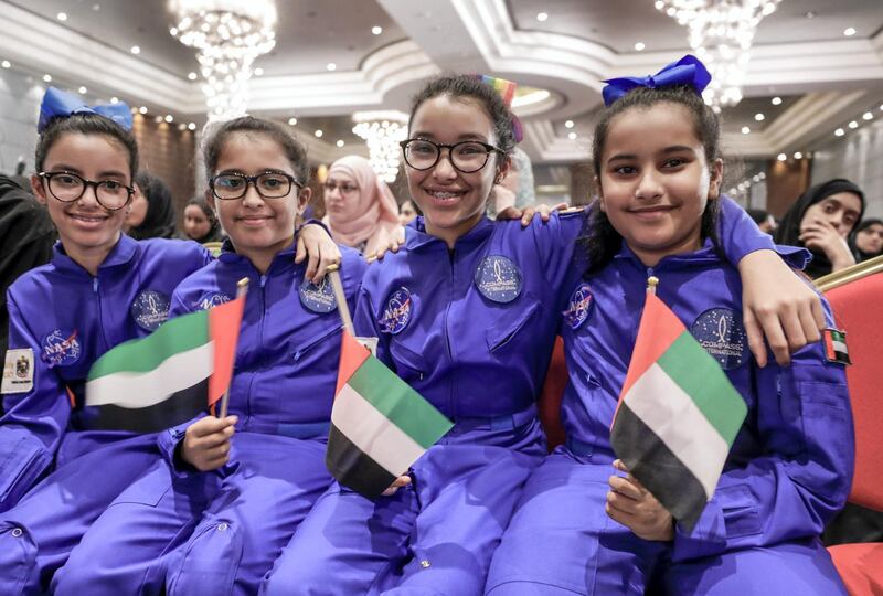 Abu Dhabi, United Arab Emirates, September 25, 2019.     Live stream of space launch at Adnec.  --  (L-R) Dhabia-10
Shamsa-11, Jawaher-9 , Wadha-12 and 
Mariam -9
Victor Besa / The National
Section:  NA
Reporter:  John Dennehy