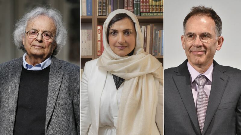 Syrian poet Adonis; Emirati author Reem Al-Kamali and Nobel prize-winning economist Guido Imbens will all appear at the 2022 Abu Dhabi International Book Fair. AFP; Antonie Robertson / The National; Getty Images