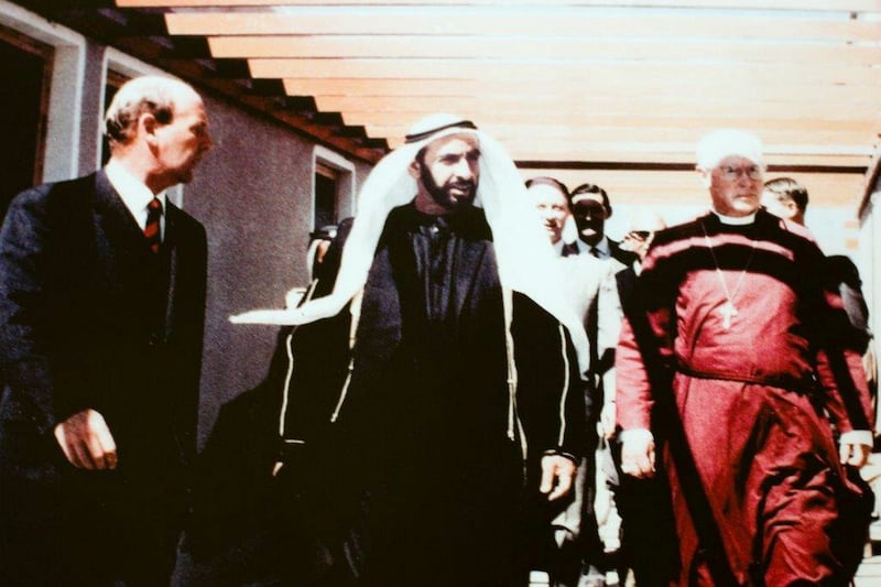 Sheikh Zayed became Ruler of Abu Dhabi in 1996. He is pictured visiting Al Khubairat Community School, as it was named then, in January 1968. Mr Lamb and his wife, Christina, allowed the school to open a classroom in 1965 in the political agency grounds. Photo: The British School Al Khubairat