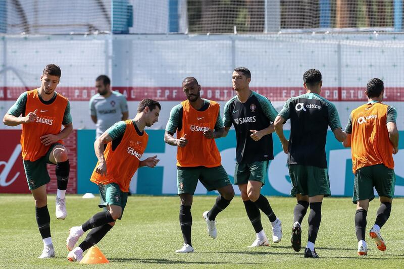 Portugal players (L-R) Ruben Dias, Cedric Soares, Manuel Fernandes and Cristiano Ronaldo during a training session at the Kratovo training camp.  Paulo Novais / EPA