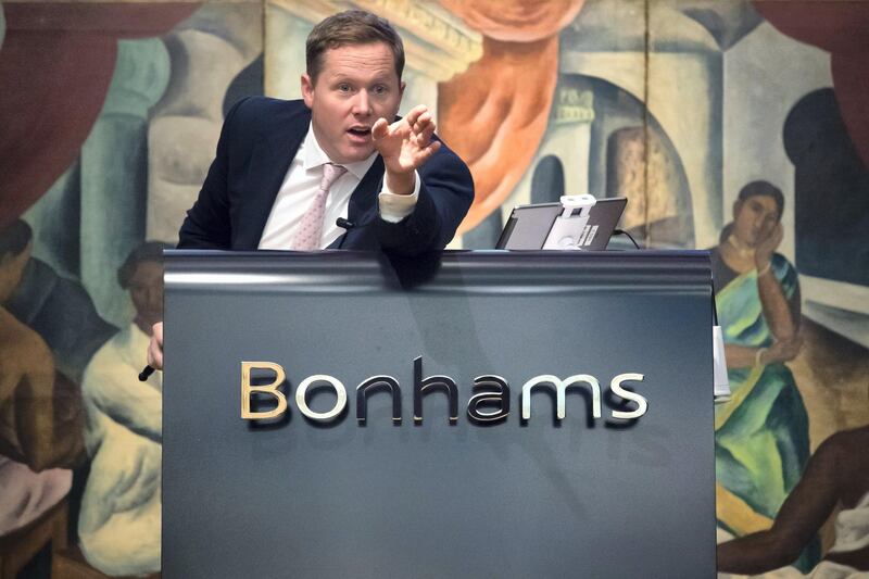 Image ©Licensed to i-Images Picture Agency. 24/10/2018. London, United Kingdom. 

Auctioneer Ralph Taylor (pictured) of Bonham's Auctioneers on New Bond Street, London, UK, sells works of art from the Abraaj collection, which include Manjit Bawa's oil on Canvas 'Untitled'  and Rashid Rana's 'Red Carpet'.



Picture by Ben Stevens / i-Images