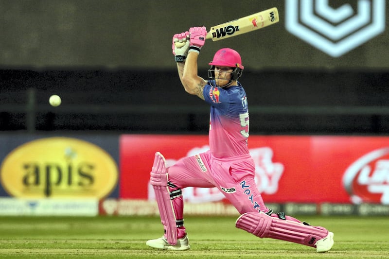 Ben Stokes of Rajasthan Royals hits a shot during match 45 of season 13 of the Dream 11 Indian Premier League (IPL) between the Rajasthan Royals and the Mumbai Indians at the Sheikh Zayed Stadium, Abu Dhabi  in the United Arab Emirates on the 25th October 2020.  Photo by: Rahul Goyal  / Sportzpics for BCCI