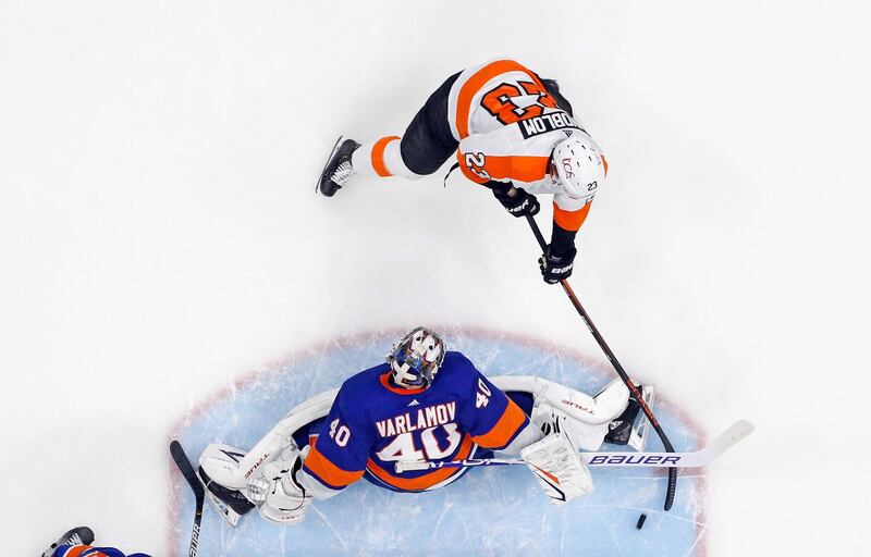 Philadelphia Flyers' Oskar Lindblom scores past Semyon Varlamov of the New York Islanders at the Nassau Coliseum Uniondale, New York, on Thursday, March 18. The Flyers won the NHL match 4-3.  AFP