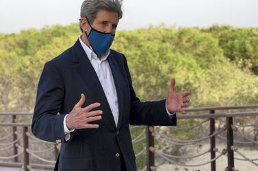 US Special Presidential Envoy for Climate John Kerry visits the Jubail Mangrove Park, in Abu Dhabi, United Arab Emirates April 3, 2021. Courtesy Office of the UAE Special Envoy for Climate Change
