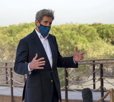 US Special Presidential Envoy for Climate John Kerry visits the Jubail Mangrove Park, in Abu Dhabi, United Arab Emirates April 3, 2021. Courtesy Office of the UAE Special Envoy for Climate Change