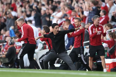 LONDON, ENGLAND - SEPTEMBER 26: Mikel Arteta manager of Arsenal celebrates their teams second goal during the Premier League match between Arsenal and Tottenham Hotspur at Emirates Stadium on September 26, 2021 in London, England. (Photo by Julian Finney / Getty Images)