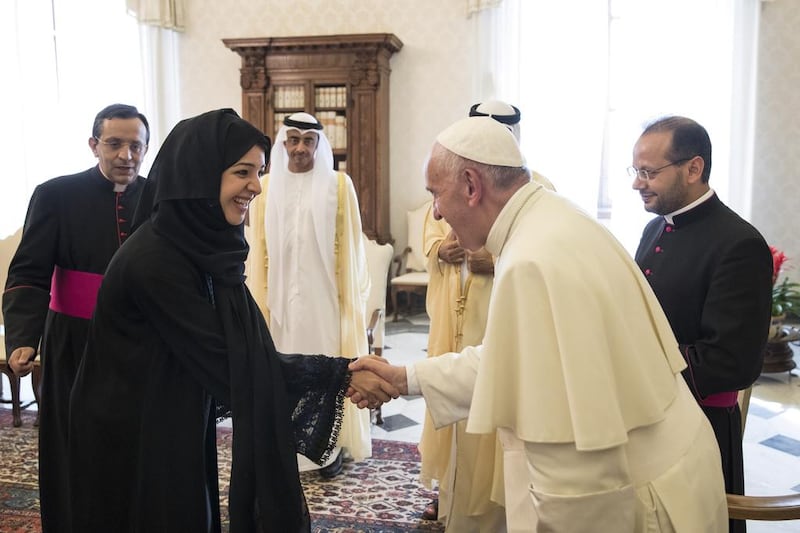 Reem Ibrahim Al Hashimi, Minister of State for International Cooperation, with the Pope. Ryan Carter / Crown Prince Court - Abu Dhabi