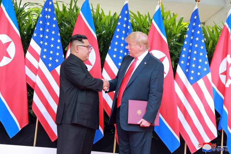 epa07299213 (FILE) - A photo released by the official North Korean Central News Agency (KCNA) shows  Korean leader Kim Jong Un and US President Donald J. Trump (R) during a summit at Sentosa Island, Singapore, 12 June 2018 (reissued 19 January 2019). According to media reports, US President Donald J. Trump and North Korean leader Kim Jong-un are expected to hold a second summit in late February.  EPA/KCNA   EDITORIAL USE ONLY