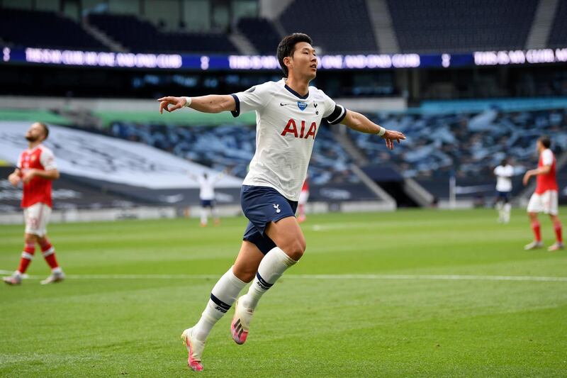 Tottenham's Son Heung-min celebrates after scoring his side's first goal against Arsenal. AP