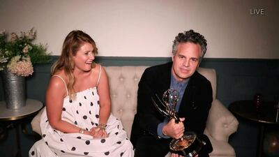 IMAGE DISTRIBUTED FOR THE TELEVISION ACADEMY - Mark Ruffalo accepts the Emmy for Outstanding Lead Actor in a Limited Series or Movie for "I Know this Much is True" during the 72nd Emmy Awards telecast on Sunday, Sept. 20, 2020 at 8:00 PM EDT/5:00 PM PDT on ABC. (Invision for the Television Academy/AP)