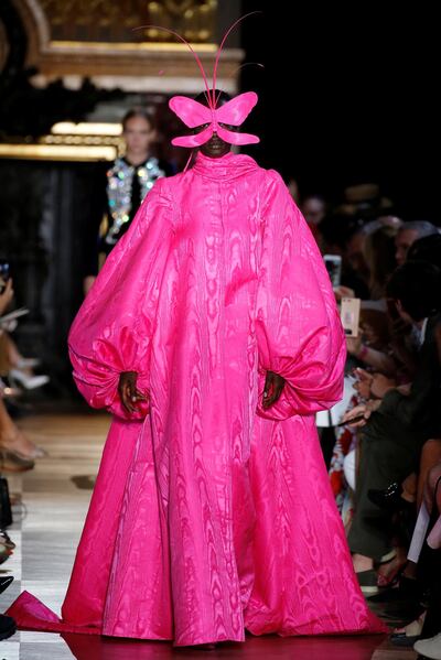 A model presents a creation by designer Bertrand Guyon as part of his Haute Couture Fall-Winter 2018/2019 fashion show for fashion house Schiaparelli in Paris, France, July 2, 2018.   REUTERS/Regis Duvignau