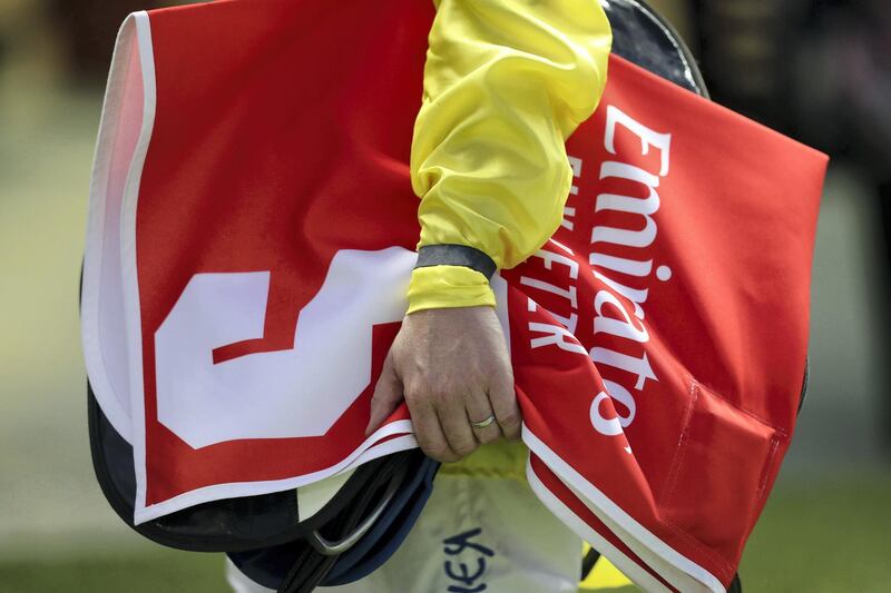 Dubai, United Arab Emirates - October 24, 2019: Tadhg O'Shea prepares for the first race on the opening meeting of the new season. Thursday the 24th of October 2019. Meydan Racecourse, Dubai. Chris Whiteoak / The National