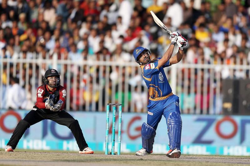 Ravi Bopara of Karachi Kings playing a shot against Lahore Qalandars in the Pakistan Super League T20 match at Sharjah Cricket Stadium in Sharjah. He scored not out 71 runs. ( Pawan Singh / The National )