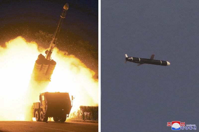 Photos purported to be of long-range cruise missile tests in North Korea on September 11 and 12. KCNA via Reuters