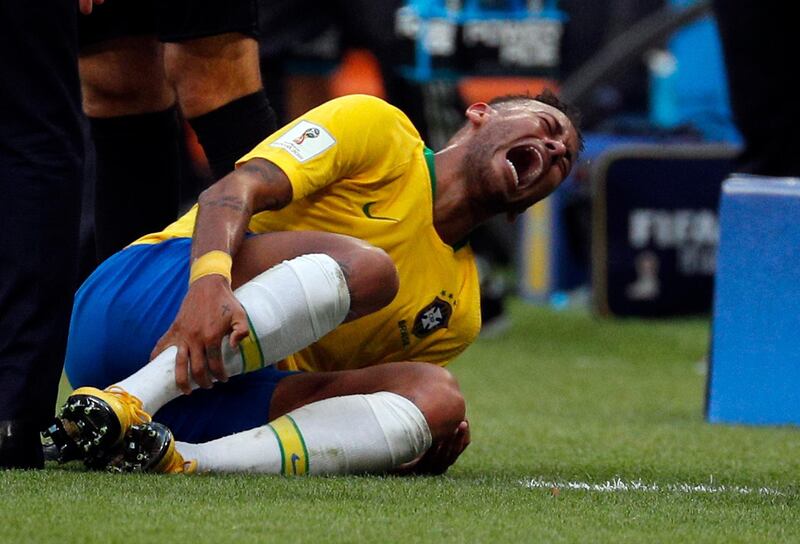 Neymar of Brazil reacts on the pitch against Mexico in Samara, Russia, 02 July 2018. EPA