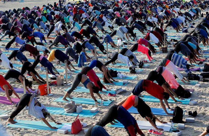 Dubai, February, 01,2019: Yogis attend the third edition of XYoga Dubai Festival in Dubai. Satish Kumar/ For the National