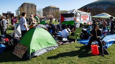 Pro-Palestinian protesters rally at a camp at the Massachusetts Institute of Technology in Cambridge. AFP