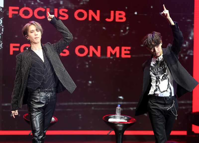 TAIPEI, CHINA - APRIL 14: JB (R) and Yugyeom of South Korean duo Jus2 perform onstage during the Jus2 Focus Premiere Showcase Tour at Taipei International Convention Center on April 14, 2019 in Taipei, Taiwan of China. (Photo by Unioncom/Visual China Group via Getty Images)