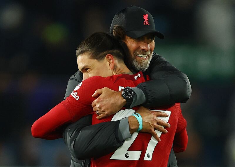 Liverpool manager Jurgen Klopp and Darwin Nunez celebrate after the match. Reuters