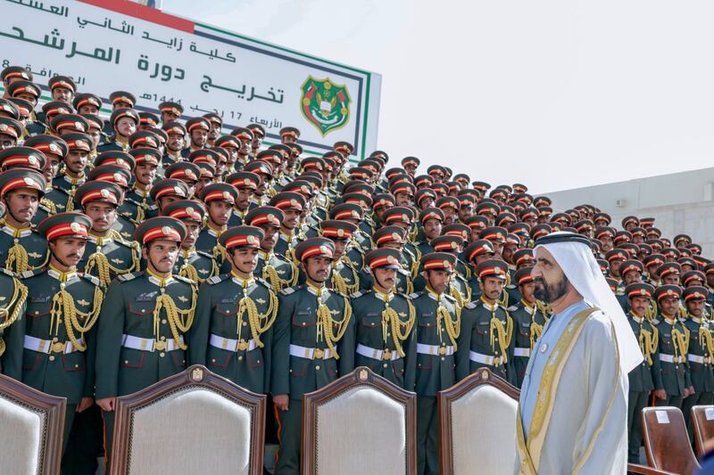 Sheikh Mohammed bin Rashid, Vice President and Ruler of Dubai, at a Zayed II Military College graduation. Photo: Dubai Media Office