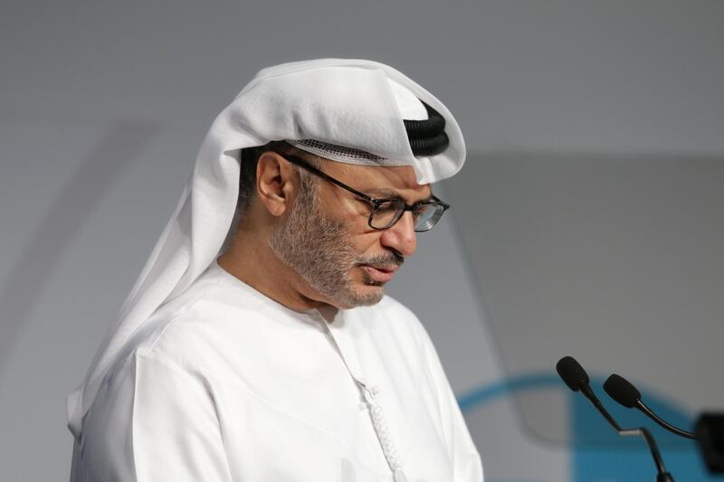 Abu Dhabi, UAE - November 12, 2017 - H.E. Dr. Anwar Gargash, Cabinet Member & Minister of State for Foreign Affairs delivers the Keynote Speech at the Fourth Abu Dhabi Strategic Debate  - Navin Khianey for The National