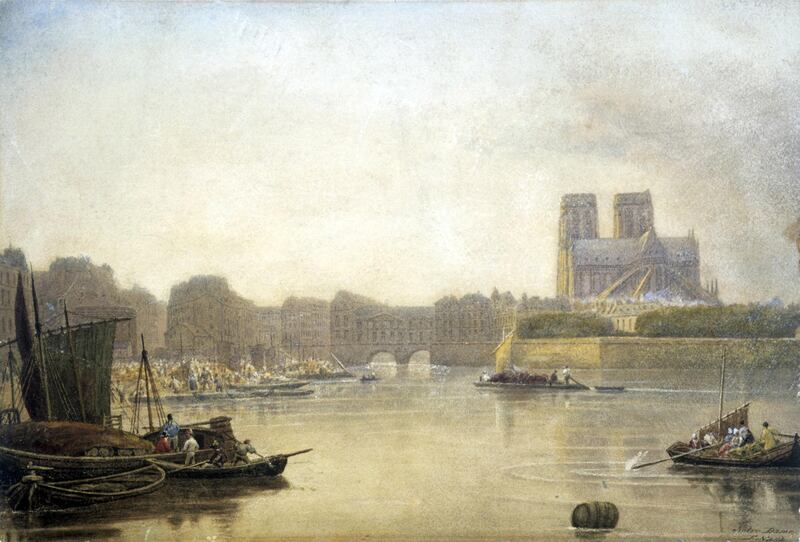 UNSPECIFIED - CIRCA 1754: Notre Dame', watercolour by Frederick Nash (1782-1856) English painter. View across the River Seine towards the east end of the Cathedral of Notre Dame, Paris, with barges and rowing boats in the foreground. (Photo by Universal History Archive/Getty Images)