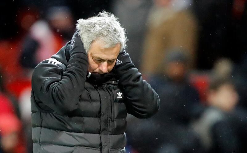 Manchester United head coach Jose Mourinho reacts during the English FA Cup quarterfinal soccer match between Manchester United and Brighton, at the Old Trafford stadium in Manchester, England, Saturday, March 17, 2018. (AP Photo/Frank Augstein)