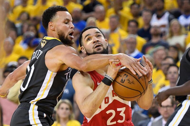 Toronto Raptors guard Fred VanVleet is fouled by Golden State Warriors guard Stephen Curry. AP Photo