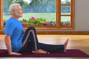 A virtual rendering of Indian Prime Minister Narendra Modi demonstrates the spinal twist yoga pose in a social media video. Twitter / Narendra Modi 