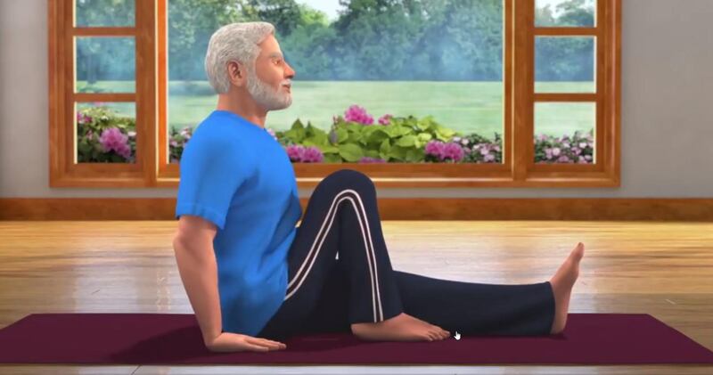 A virtual rendering of Indian Prime Minister Narendra Modi demonstrates the spinal twist yoga pose in a social media video. Twitter / Narendra Modi 