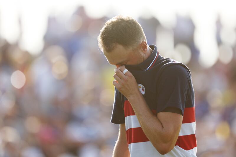 Justin Thomas of Team USA looks dejected as he walks on the 17th hole during the Sunday singles matches of the 2023 Ryder Cup. Getty