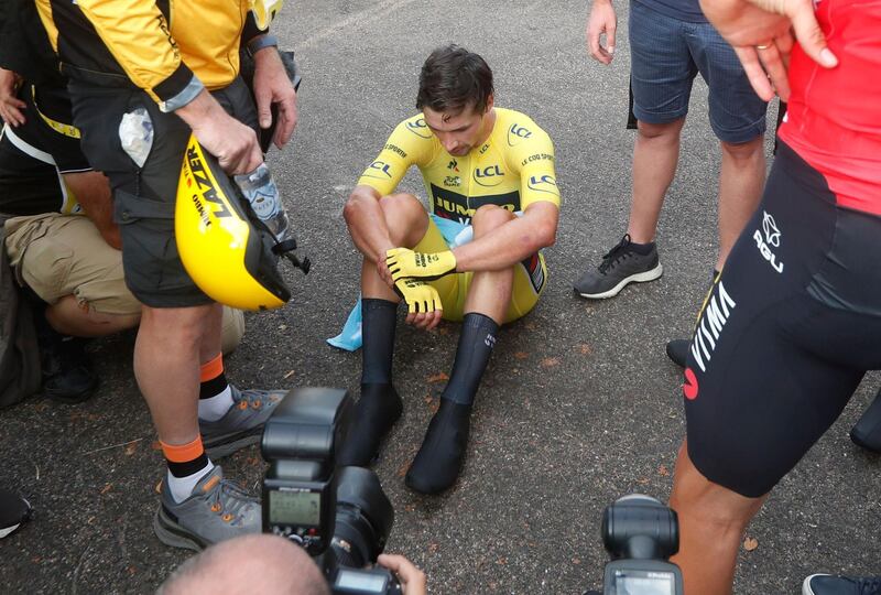 A distraught Primoz Roglic. AP