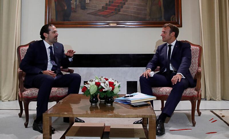 French President Emmanuel Macron meets former Lebanese prime minister Saad Hariri at the Pine Residence, the official residence of the French ambassador to Lebanon, in Beirut on August 31, 2020. Reuters