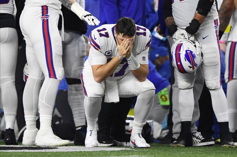 Buffalo Bills quarterback Josh Allen looks distraught. AP