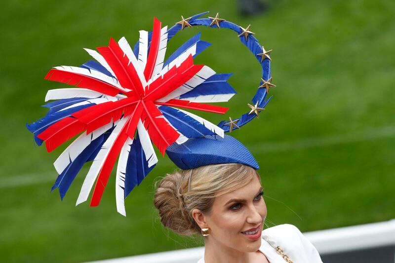 A fascinator with the Union Jack picked out in feathers and framed  with the stars of the EU flag. AP