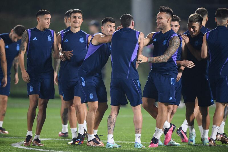 Argentina players take part in a training session at Qatar University. AFP