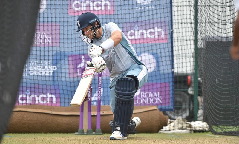 Joe Root of England bats in the nets at Old Trafford. Getty 