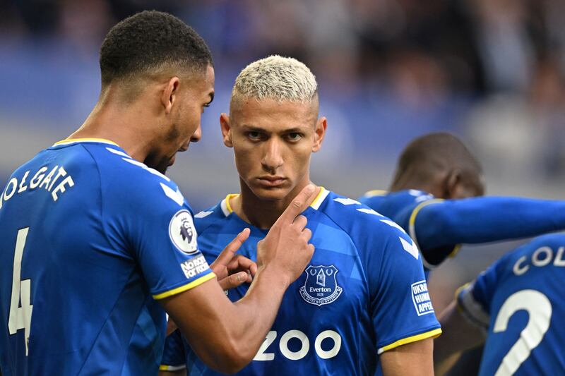 Everton's Brazilian striker Richarlison celebrates after scoring against Brentford at Goodison. AFP