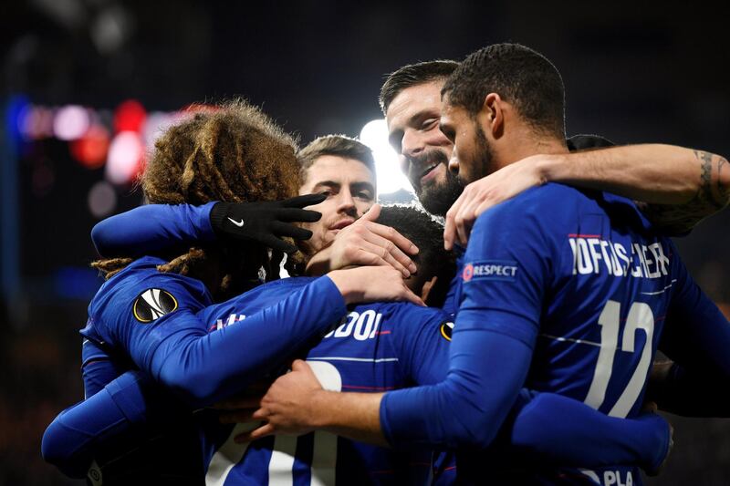 Soccer Football - Europa League - Round of 32 Second Leg - Chelsea v Malmo - Stamford Bridge, London, Britain - February 21, 2019  Chelsea's Callum Hudson-Odoi celebrates scoring their third goal with team mates            Action Images via Reuters/Tony O'Brien