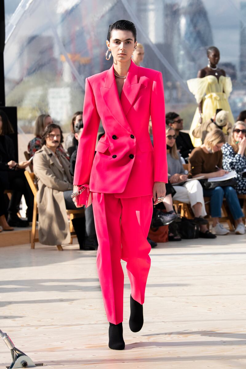A hot pink suit from Alexander McQueen’s spring/summer 2022 collection