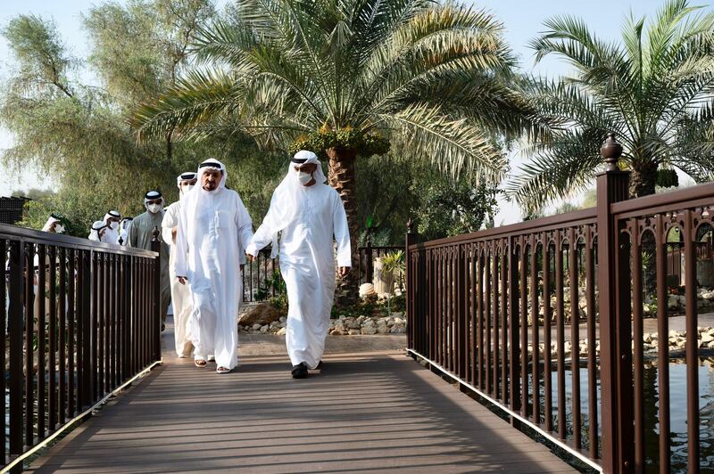 AJMAN, UNITED ARAB EMIRATES - May 14, 2021: HH Sheikh Mohamed bin Zayed Al Nahyan, Crown Prince of Abu Dhabi and Deputy Supreme Commander of the UAE Armed Forces (R), exchanges Eid greetings with HH Sheikh Humaid bin Rashid Al Nuaimi, UAE Supreme Council Member and Ruler of Ajman (L).

( Mohamed Al Hammadi / Ministry of Presidential Affairs )​
---