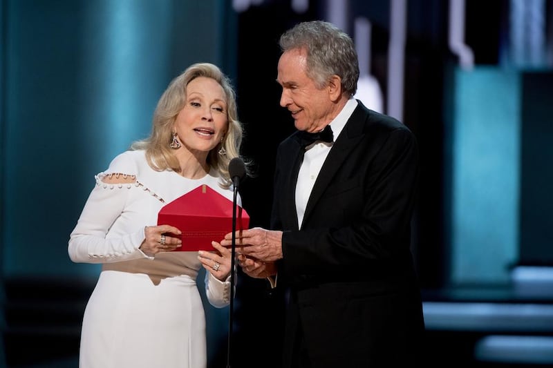Faye Dunaway and Warren Beatty present during the live ABC Telecast of The 89th Oscars at the Dolby Theatre in Hollywood, on Sunday. Phil McCarten / AMPAS