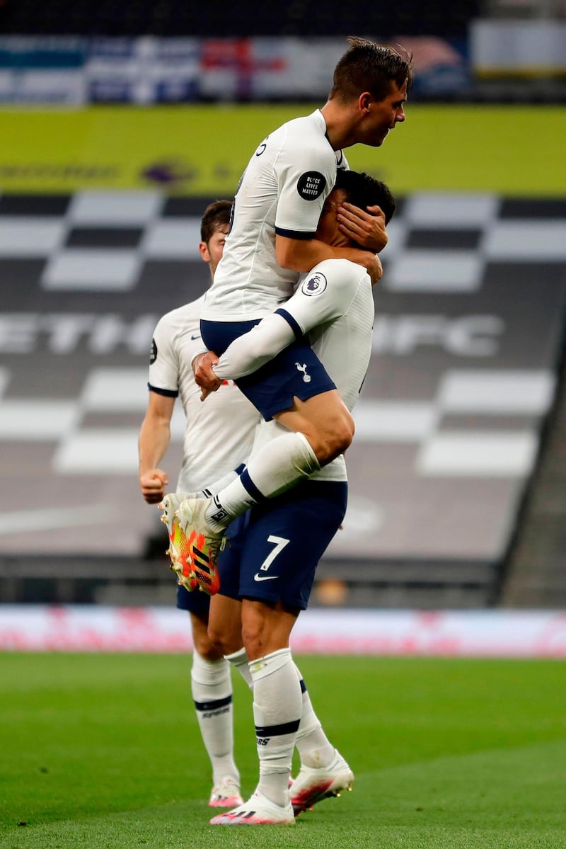 Tottenham players celebrate  Son Heung-Min's goal, which was disallowed by VAR. AFP