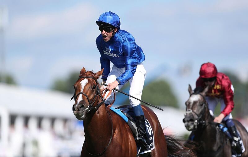 William Buick on Masar is on his way to winning the Investec Derby during derby day at Epsom Downs Racecourse, Britain, Saturday, June 2, 2018. (David Davies/PA via AP)